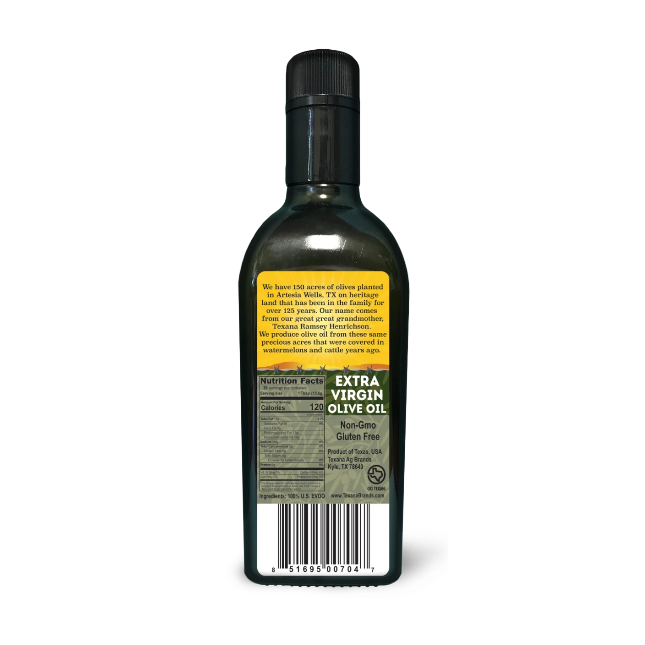 Texana Brand 100% Extra Virgin Olive Oil, Cold Pressed, Unfiltered, Non-GMO, 500ml (16.9fl oz)