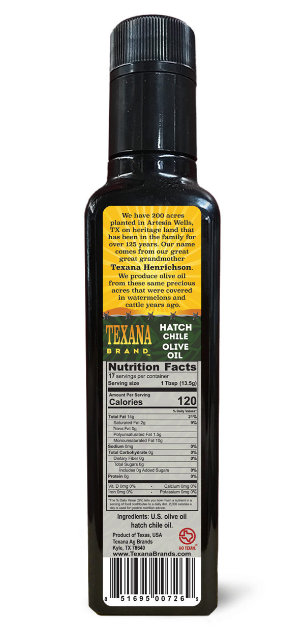 250ml eco friendly non gmo vegan gluten free Texana Brands Infused Oil Hatch Chile Olive Oil