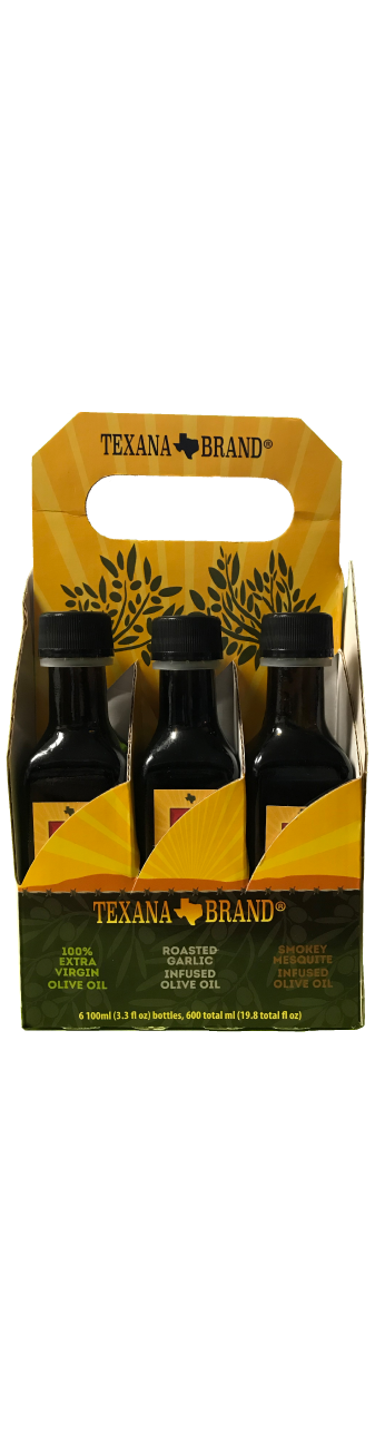 Texana Brand EVOO, Garlic, Mesquite, Cajun, Lemon, and Herb  Six-Pack Sampler (3.3fl oz Bottles)